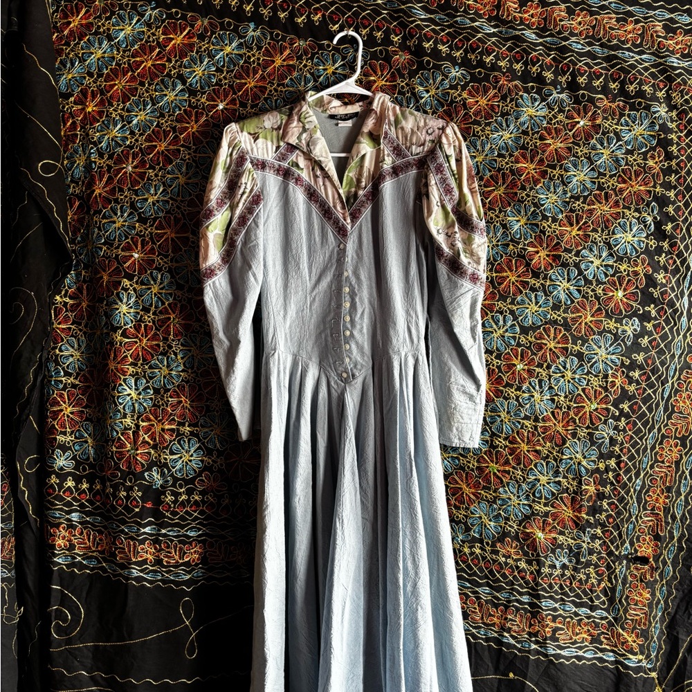 Gunne Sax(lookalike) Vintage Blue Long Sleeve Gown with Notched Collar